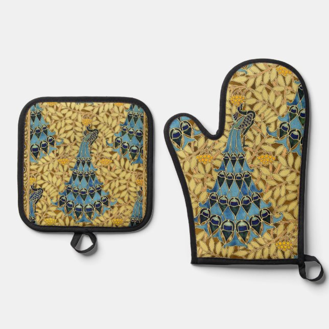 Peacocks Birds Rowan Trees Art Nouveau Ofenhandschuh & Topflappen-Set (Vorderseite)