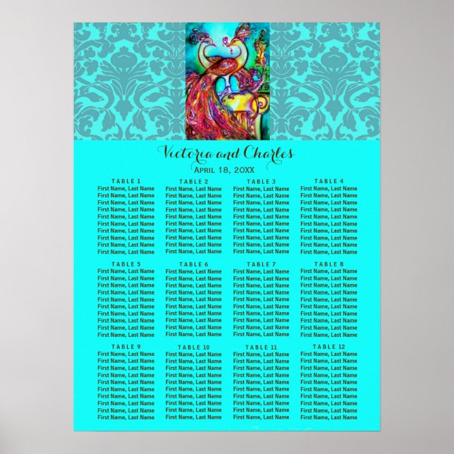 PEACOCKS Blue Damask Seating Chart der WEDD-LIEBE Poster (Vorne)