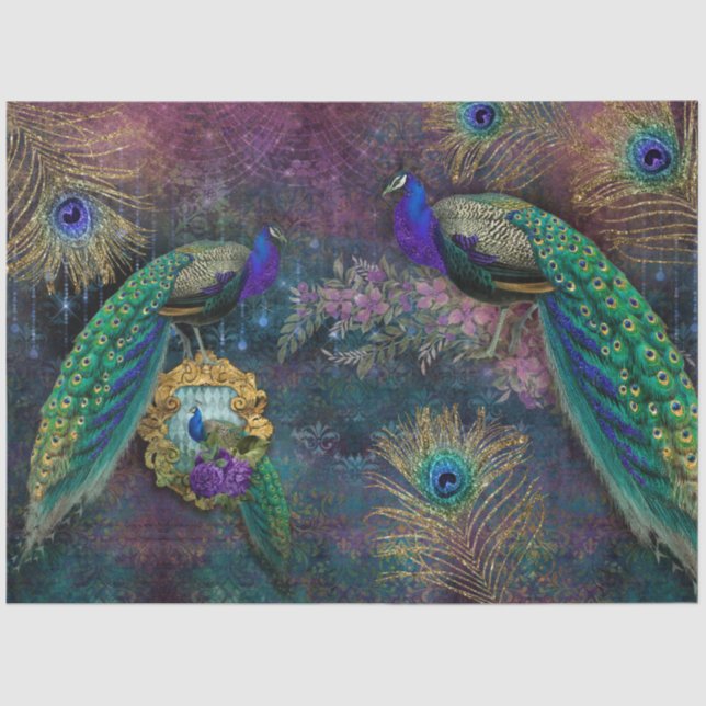 Peacocks Elegante Feathers Gold Glitzer Entdeckung Seidenpapier (Vorderseite)