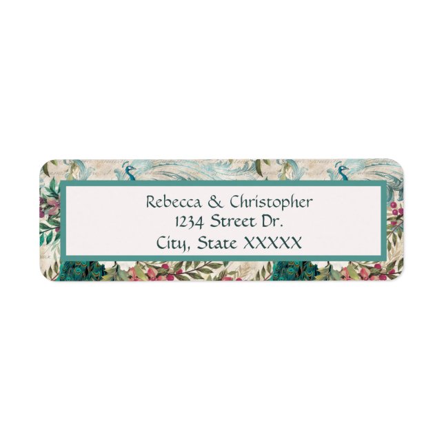 Peacocks et fleurs Étiquettes de adresse Turquoise (Devant)