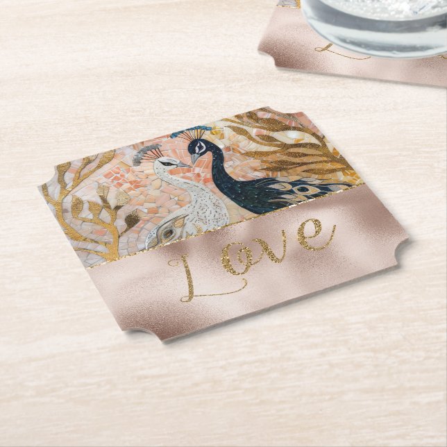 Peacocks Gold Glitzer Liebe Blush Rose Hochzeit Untersetzer (angewinkelt)