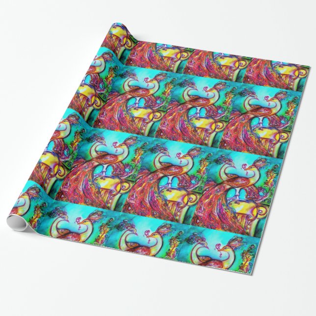 PEACOCKS IN LIEBE, Aqua-Blau Geschenkpapier (Ungerollt)