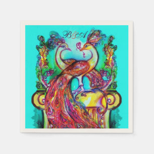 PEACOCKS IN LIEBE Red Aqua Blue Wedding Monogram Serviette