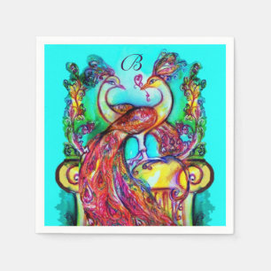 PEACOCKS IN LIEBE Red Aqua Blue Wedding Monogram Serviette