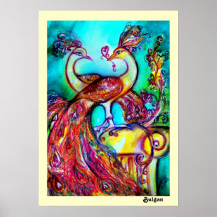 PEACOCKS IN LIEBE, Rot-Gelb-Turquase-Blau Poster
