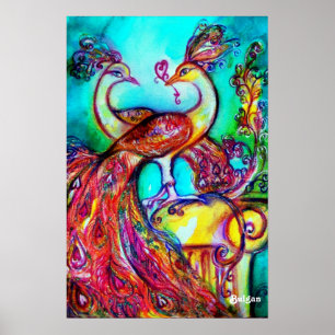 PEACOCKS IN LIEBE, Rot-Gelb-Turquase-Blau Poster