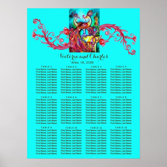 PEACOCKS LIEBE Roter Swirl Blaue Sitzkarte Poster (Vorne)
