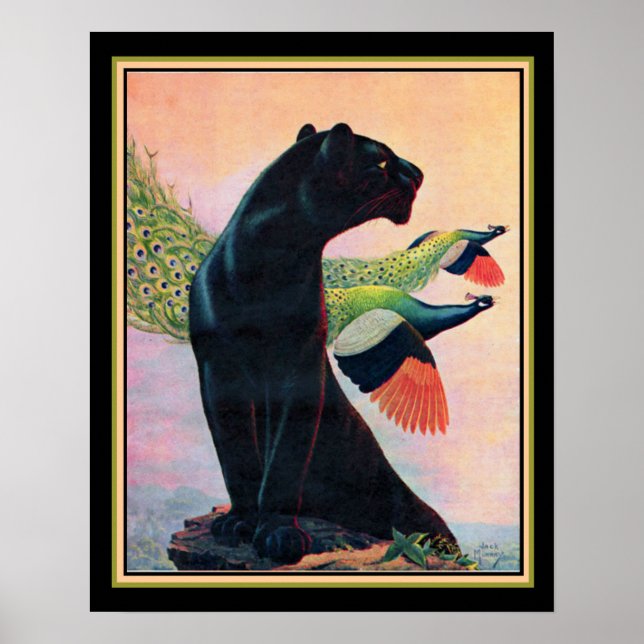 Peacocks Panther & Flying Art Déco Imprimé 16x20 (Devant)