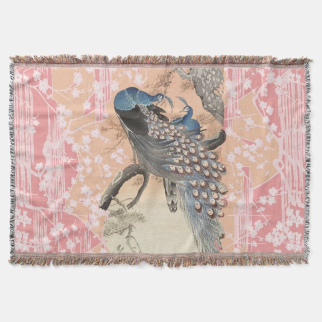 PEACOCKS, PINK WHITE SAKURA BLUME Japanisch Blumen Decke (Vorderseite)