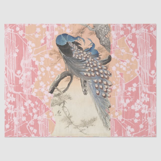 PEACOCKS, PINK WHITE SAKURA BLUME Japanisch Blumen Seidenpapier (Vorderseite)