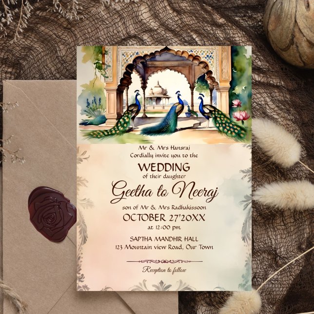 Peacocks Vintager Königsgarten Indische Hochzeit Einladung (Peacocks vintage royal garden Indian wedding editable template Invitation digital download )