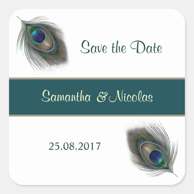 Peacok Feathers Hochzeitsticker Save the Date Quadratischer Aufkleber (Vorderseite)