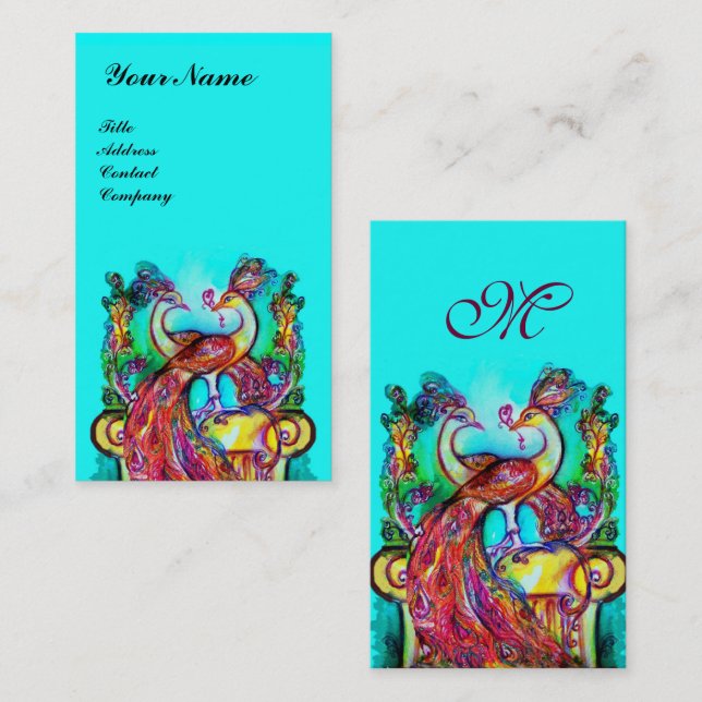 PEAKCOCKS IN LIEBE MONOGRAM, Red Aqua Blue Turquoi Visitenkarte (Vorne/Hinten)