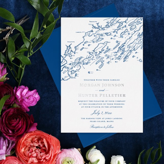 Peaks Island Maine Wedding Elegant Navy Silver Folieneinladung (Silver and Navy Inn on Peaks Island Wedding Invitation with real silver foil by Coastal Map Designs)
