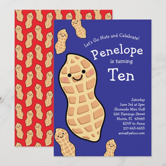 Peanut Birthday Party Kinder Niedliche Nut Cartoon Einladung (Vorne/Hinten)
