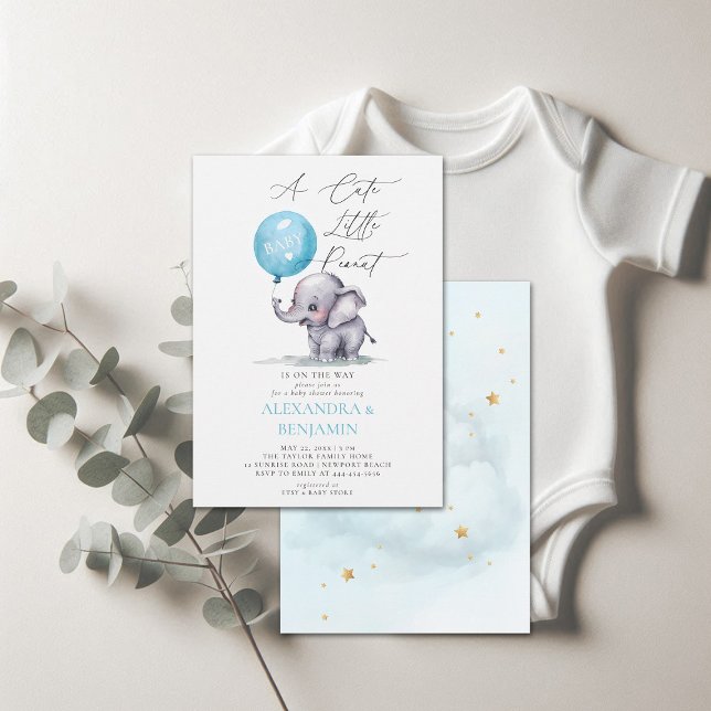 Peanut Niedlich Elephant Watercolor Kinderdusche Einladung (little peanut baby shower invitation elephant balloon watercolor coed couple modern elegant cute)