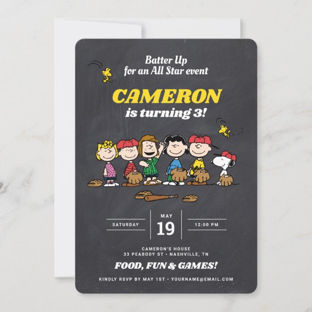 Peanuts | Chalkboard Baseball Birthday Invita Einladung (Vorderseite)