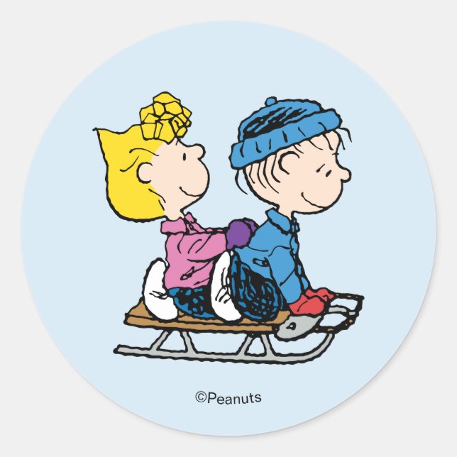 Peanuts | Sally & Linus Sled Riding Runder Aufkleber (Vorderseite)