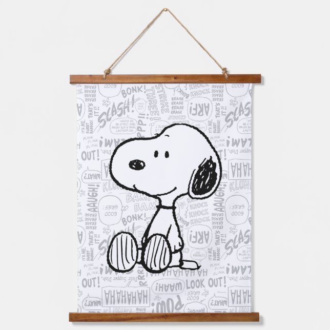 PEANUTS | Snoopie auf Schwarz-weißen Comicen Wandteppich Mit Holzrahmen (Vorderseite)