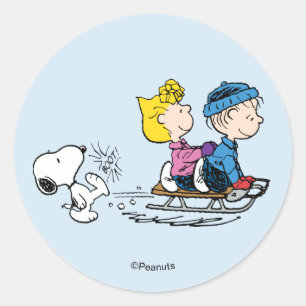 Peanuts   Snoopy, Sally & Linus Schlittenfahren Runder Aufkleber