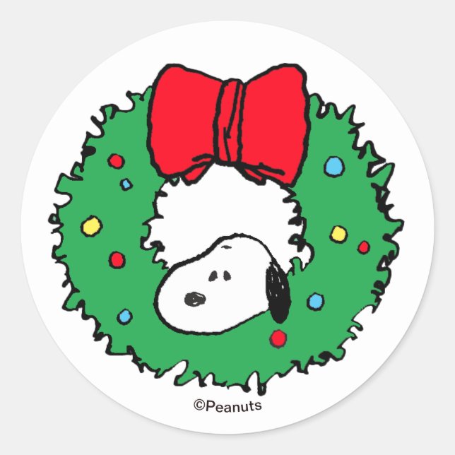 Peanuts | Snoopy-Weihnachtskranz & Schleife Runder Aufkleber (Vorderseite)