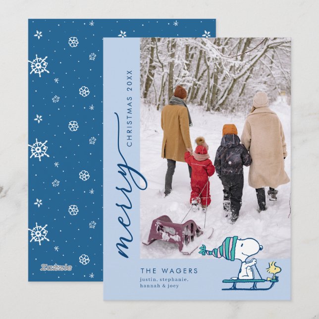Peanuts Snoopy & Woodstock Sledding Feiertagskarte (Vorne/Hinten)