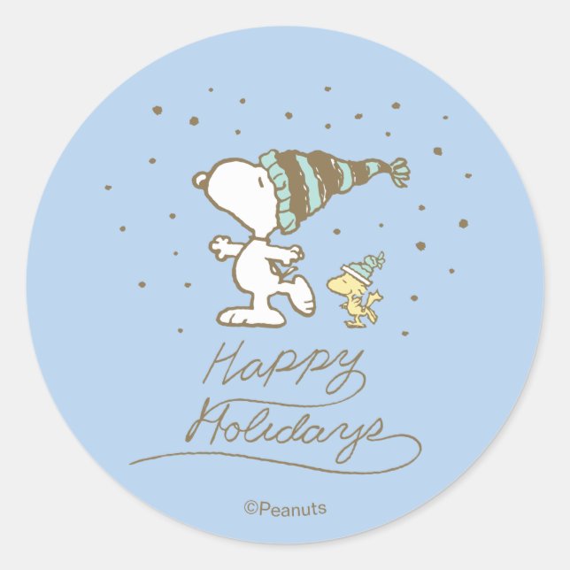 Peanuts | Snoopy & Woodstock Winter Skating Runder Aufkleber (Vorderseite)