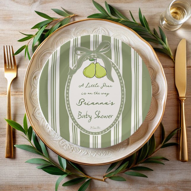 Pear sage green retro stripes baby shower custom pappteller (Pear sage green retro stripes baby shower custom paper plates personalized table decor)