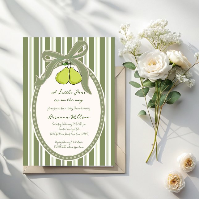 Pear sage green retro stripes baby shower einladung (Pear vintage sage green retro stripes preppy baby shower invitation cards template)