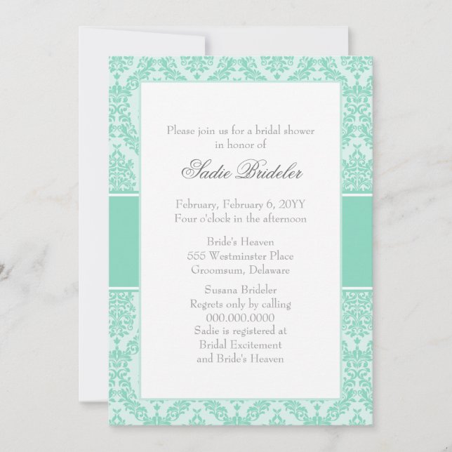 Pearl Aqua Damask Brautdusche Einladung (Vorderseite)