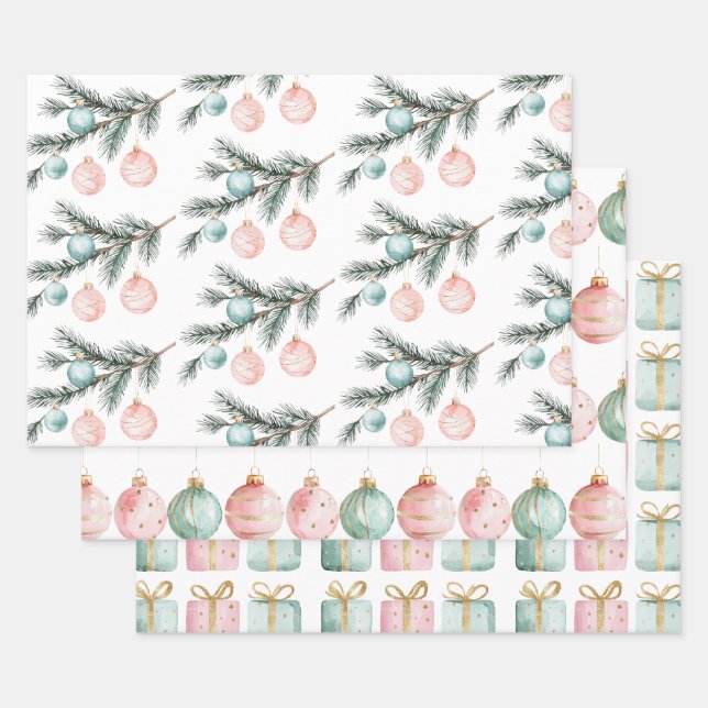 Pearl Aqua Rosa Christbaum Zweigstelle Ornamente Geschenkpapier Set (Set)