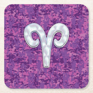 Pearl Aries Zodiac Sign auf Pink Digital Camouflag Rechteckiger Pappuntersetzer