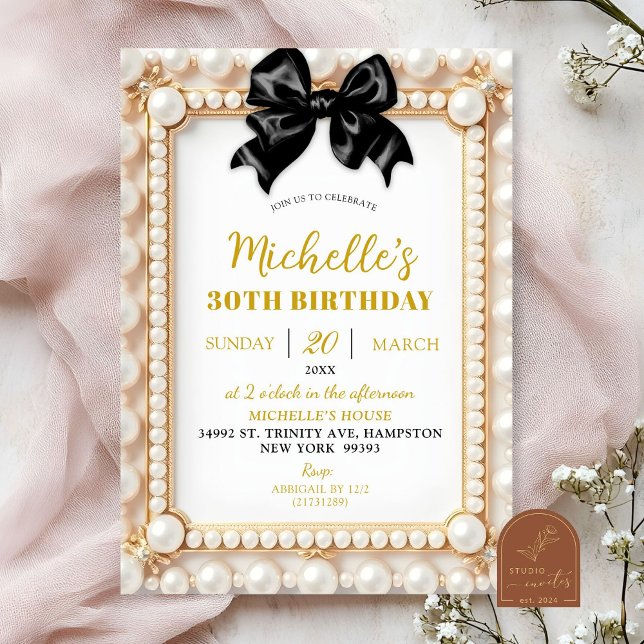 Pearl Black Bow Invitation Anniversaire (Créateur téléchargé)