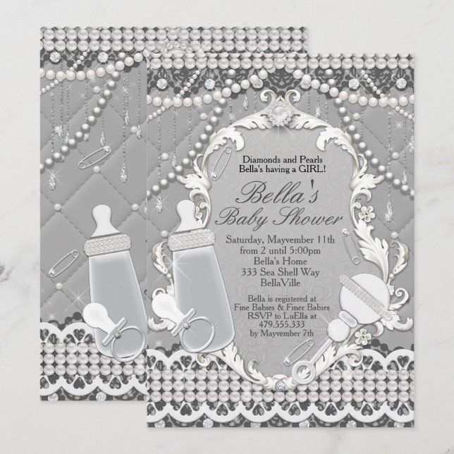 Pearl Bling Baby Shower Einladungen (Vorne/Hinten)