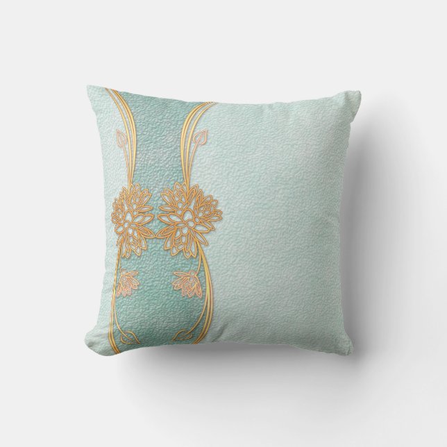 Pearl Blue Golden Leaf Floral Scrapbook Kissen (Vorderseite)