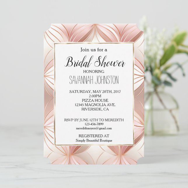 Pearl Blush Pink Rose Gold Brautparty Einladung (Stehend Vorderseite)
