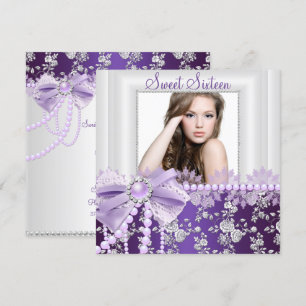 Pearl Bow & Lace Lila Foto Sweet 16 Einladung
