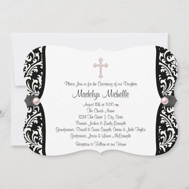 Pearl Cross Pink Black Damask Christening Einladung (Vorderseite)