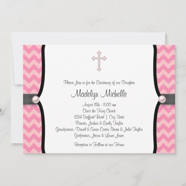 Pearl Cross Pink Zickzack Christening Einladung (Vorderseite)