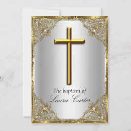Pearl Damask Cross Baptisse Silver Gold Einladung