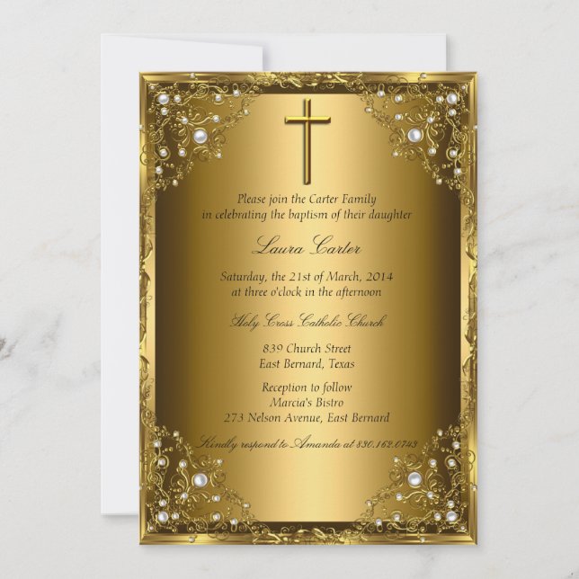 Pearl Damask & Cross Gold Taufe Einladung (Vorderseite)