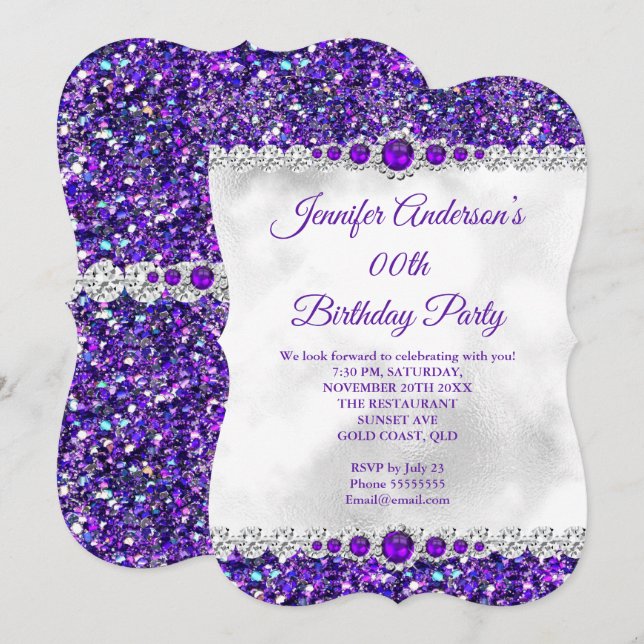 Pearl Diamond Birthday Party, lila weißer Glitzer Einladung (Vorne/Hinten)