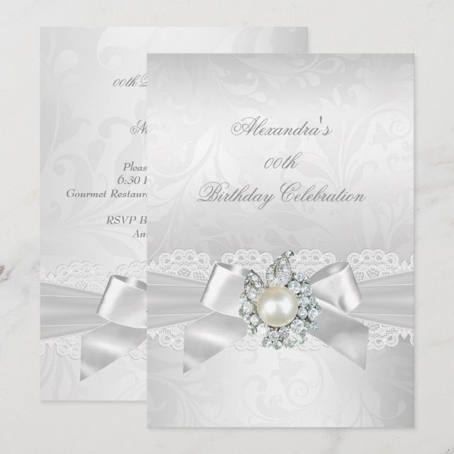 Pearl Diamond Lace White Bow Damask Silver Party Einladung (Vorne/Hinten)
