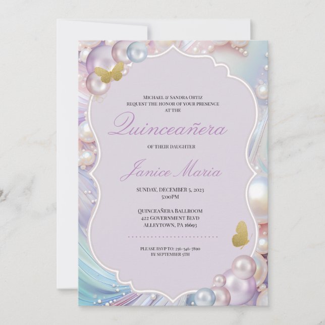 Pearl Dream lila Quinceñera Einladung (Vorderseite)