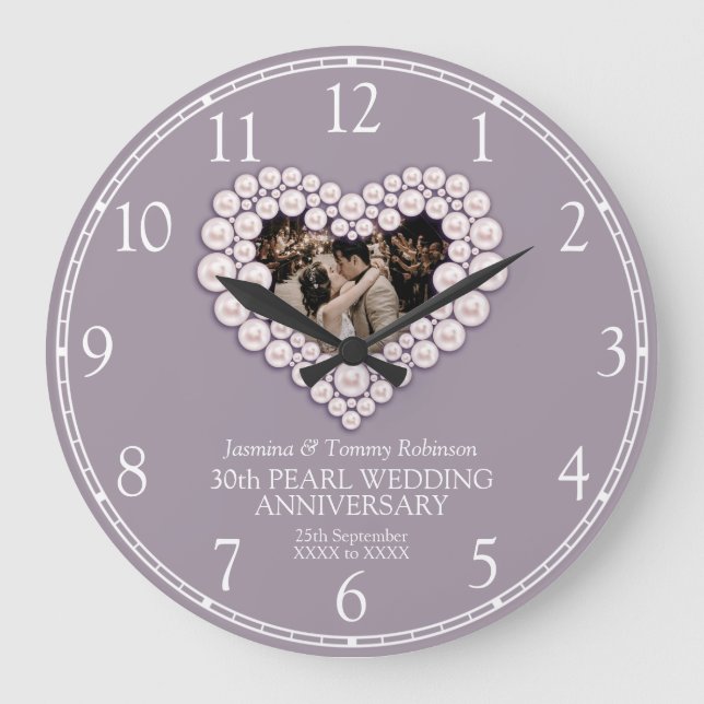 Pearl Foto heart 30th wedding anniversary numbers Große Wanduhr (Vorderseite)