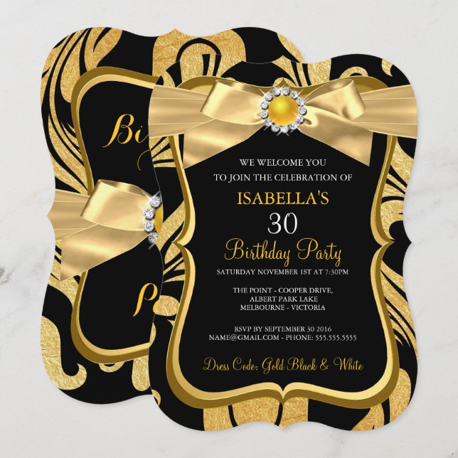 Pearl Gold Bow Black Damask Birthday Einladung (Vorne/Hinten)