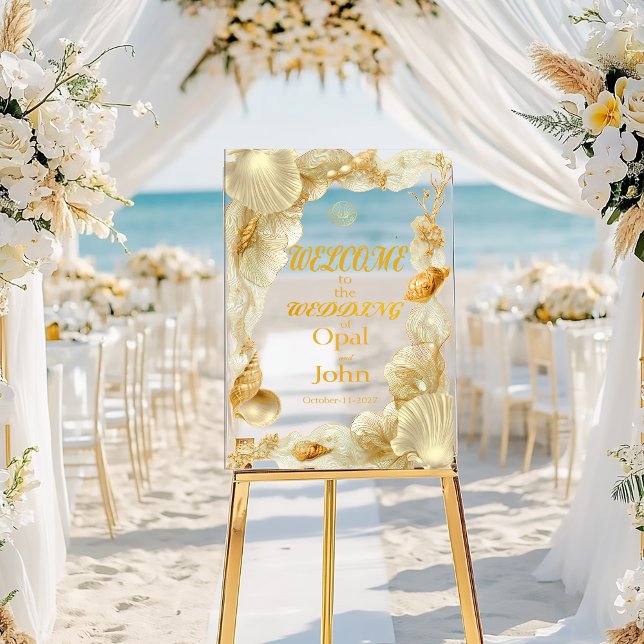 Pearl & Gold Seashell Welcome Wedding Acrylic Sign Acrylschild (Chic Modern Ivory Pearl and Gold Coastal Wedding Welcome Acrylic Sign)