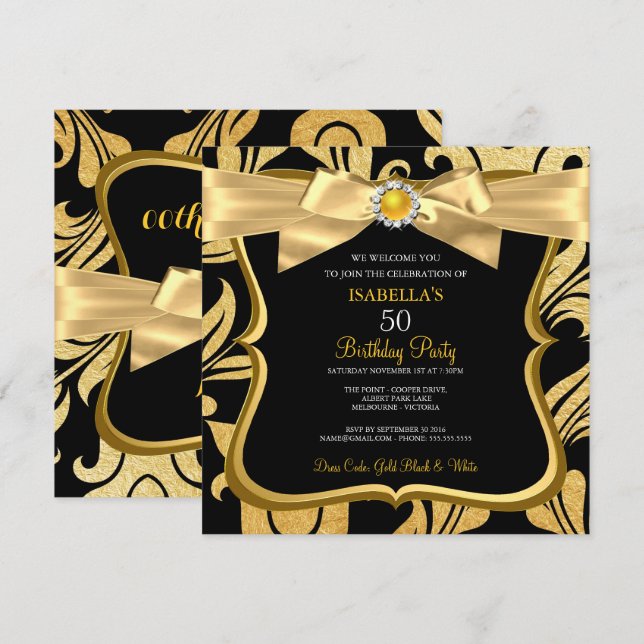 Pearl Gold Yellow Bow Black Damask Birthday Einlad Einladung (Vorne/Hinten)