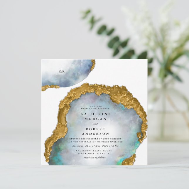 Pearl Golden Agate Geode Einladung zur Hochzeit (Stehend Vorderseite)