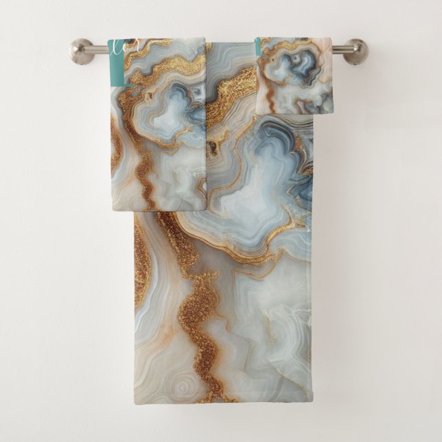 Pearl Golden Girly Botswana Agate Custom Monogram Badhandtuch Set (Insitu)